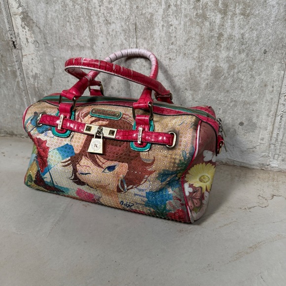 Nicole Lee USA Anime Graphic Satchel Bag Pink Croc Trim Floral Butterfly Print